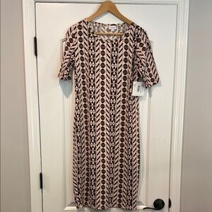 NWT LulaRoe Julia Geometric Patterned Pink and Brown Stretch Dress Size Medium